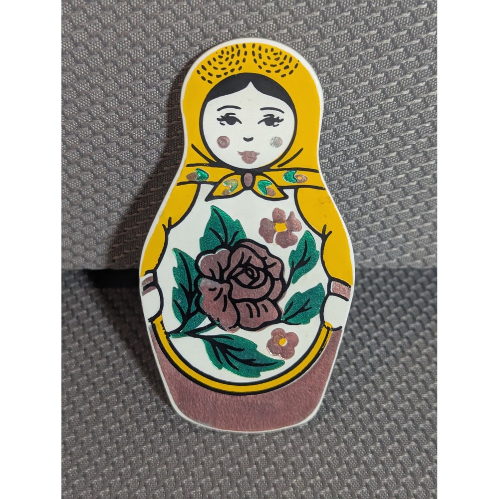VTG Russian Matryoshka Nesting Doll Magnet Yellow Floral Folk Art Decor 3"